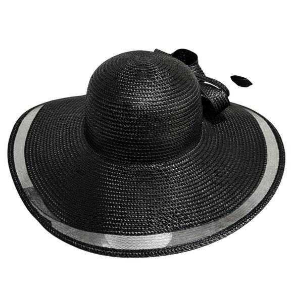 Bellisima black synthetic straw sun hat wide illusion brim bow & feathers drama main image 4